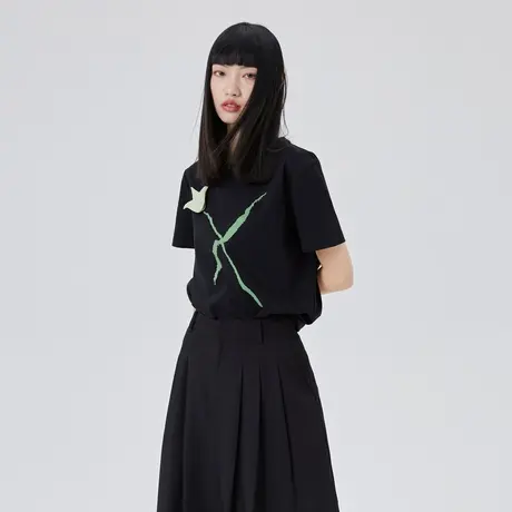 艾莱依商场同款立体花朵短袖T恤女2023新款内搭打底衫辣妹上衣 白商品大图