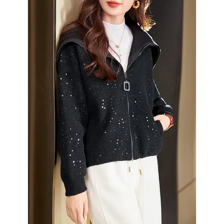 宝诗黎海军领亮片针织拉链开衫女早秋长袖2023新款时尚宽松短外套商品大图