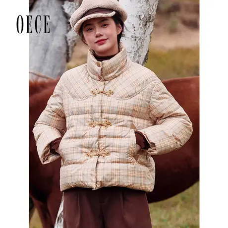 Oece冬新款女复古格纹减龄短款外套小个子羽绒服商品大图