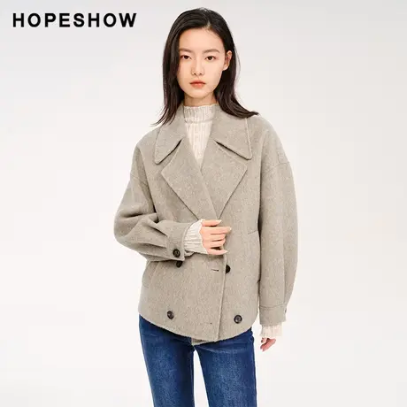 红袖outlets双排扣短款大衣女hopeshow2023冬款翻领宽松通勤外套商品大图