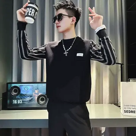 秋冬新款重磅条纹拼接假两件套头毛衣男发型师轻熟内搭针织衫上衣商品大图