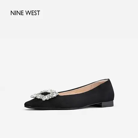 Nine West/玖熙夏季新款单鞋女方扣闪钻羊反绒低跟平底女鞋气质商品大图