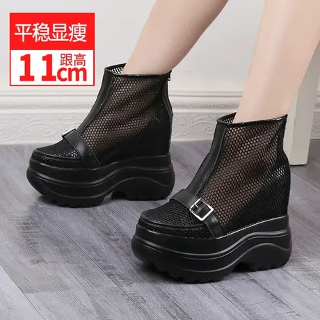 夏季网鞋女透气内增高11cm马丁靴厚底松糕鞋运动圆头镂空高帮凉靴商品大图