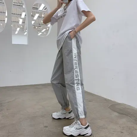 唐狮春秋季尼龙拼接百搭运动裤女装运动工装裤子休闲阔腿裤黑色潮商品大图