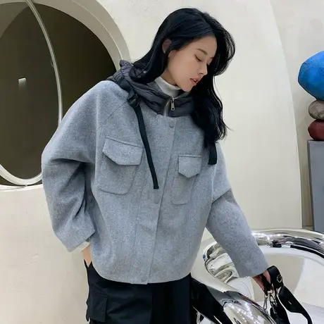 唐狮外套女冬装毛呢保暖舒适连帽插肩短上衣网红风ins潮韩版图片