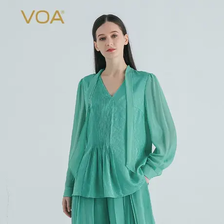 VOA草绿色暗纹提花纯桑蚕丝扎结两用领长袖立体褶皱宽松真丝T恤衫图片