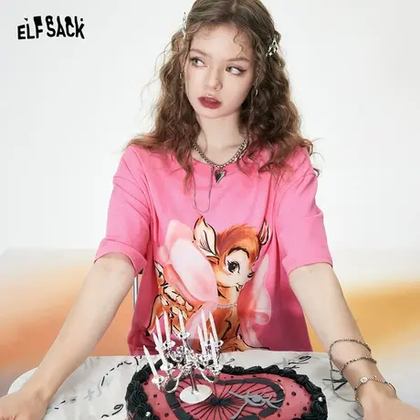 妖精的口袋印花粉色短袖t恤女2023夏季新款多巴胺穿搭宽松上衣潮商品大图