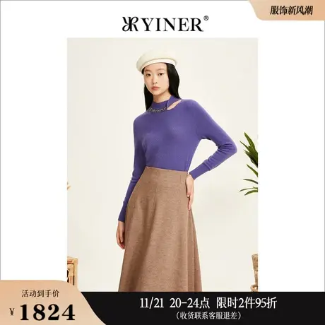 YINER音儿女装冬季钉珠镂空半高领羊毛含羊绒针织衫商品大图