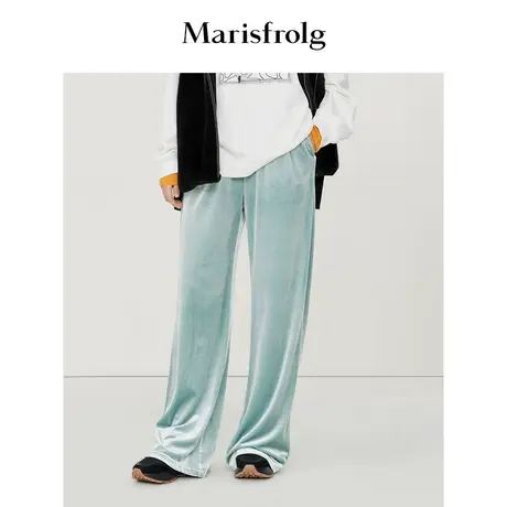 【商场同款】玛丝菲尔冬季新款沙绿色复古时髦丝绒微喇直筒长裤商品大图