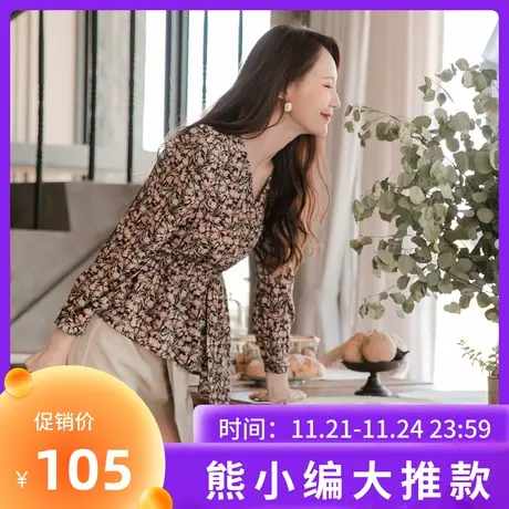 桔熊春秋季韩版设计感碎花不规则下摆泡泡长袖上衣女大码AB16396图片