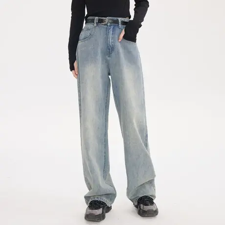 尔给浅色高腰美式复古阔腿牛仔裤女2023年新款高街小个子裤子显高商品大图