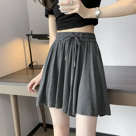 灰色高腰抽绳阔腿短裤女夏季薄款外穿宽松显瘦休闲百搭a字裤裙潮商品大图