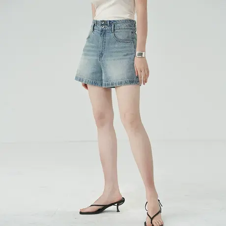 omont蛋挞家 复古纯棉牛仔裤子夏季新款高腰显瘦做旧a字短裤商品大图