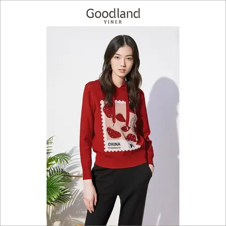 音儿美地女装2022冬季新款连帽卫衣毛衣宽松草莓提花针织衫商品大图
