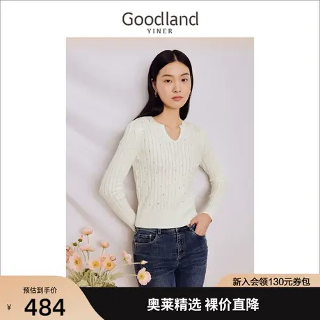 音儿美地女装2023秋季新款休闲慵懒风羊毛混纺针织衫烫钻上衣商品大图