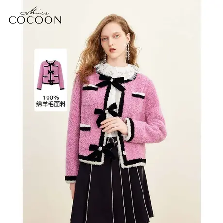 MISSCOCOON千金玛德琳2023冬季新女搭撞色复古蝴蝶结绵羊毛皮草商品大图