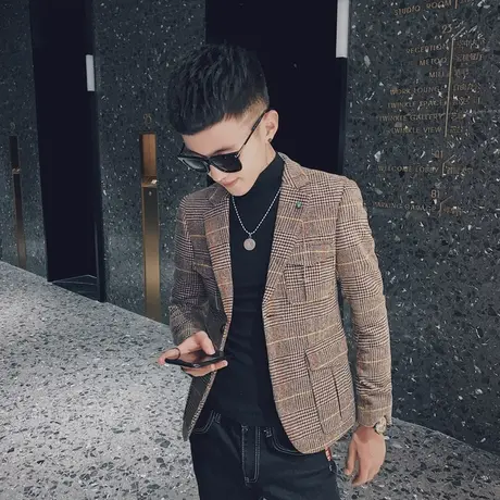 新款呢子西服秋冬毛呢短款格子修身夹克网红潮牌男士小西装外套商品大图
