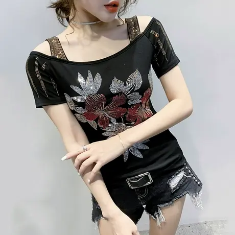 女装2023新款潮性感露肩T恤女短袖夏设计感重工烫钻洋气上衣小衫商品大图
