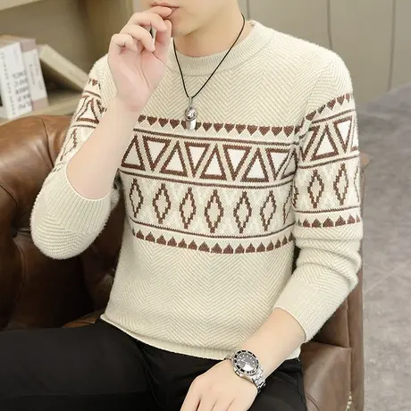 圆领毛衣男秋冬季新款加厚保暖针织打底衫潮牌提花宽松套头毛线衣商品大图