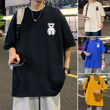小熊发泡印花潮牌短袖T恤男夏季ins半袖2024新款港风宽松情侣体恤商品大图