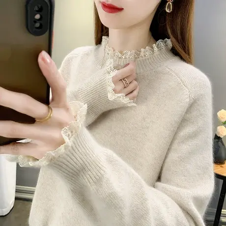 配大衣的内搭毛衣女装半高领蕾丝女士针织打底衫洋气图片