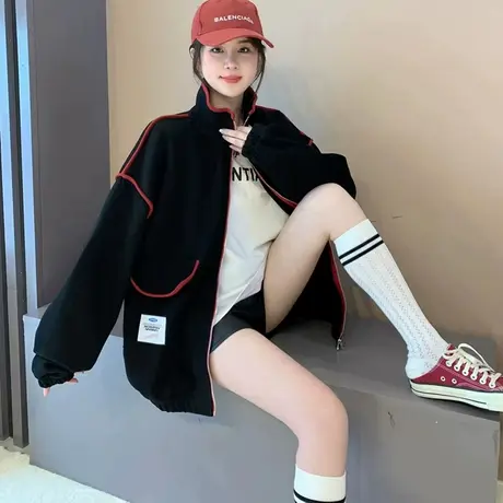 宽松慵懒风休闲卫衣开衫女2024春季新款气质网红春秋薄款卫衣外套商品大图