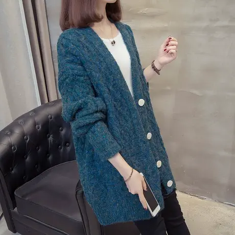 中长款针织开衫女秋冬港味复古麻花洋气外搭韩版宽松茧型毛衣外套商品大图