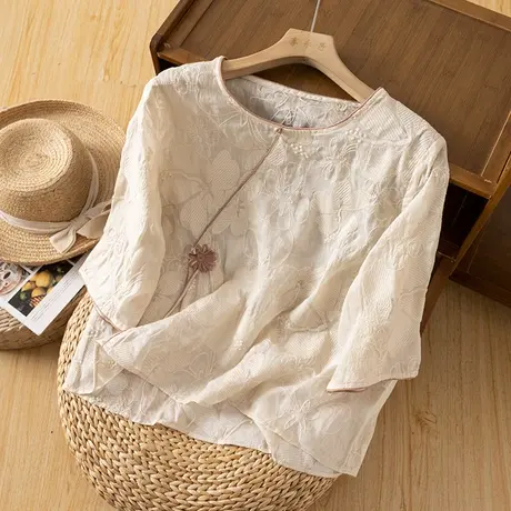 享永子七分袖苎麻上衣女重工刺绣高雅棉麻小衫气质高级感2024新款商品大图