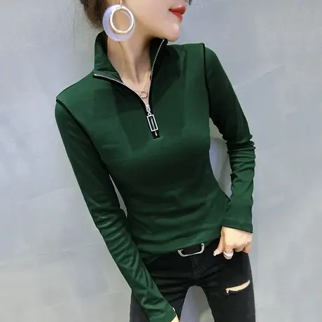 半高领加绒打底衫女春秋欧货时尚T恤女长袖显瘦内搭百洋气上衣潮图片