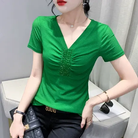 时尚钉珠V领短袖T恤女修身百搭蕾丝上衣2024新款欧货洋气显瘦小衫图片