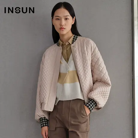 恩裳春季粉色棒球衫菱形纹棉衣外套图片