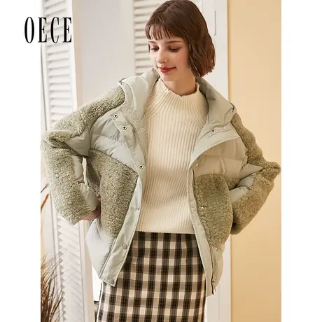 Oece秋冬新款女装软萌毛绒个性拼接连帽御寒羽绒服图片