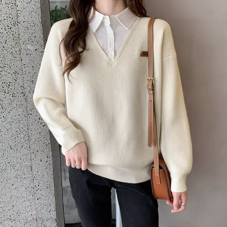 假两件毛衣女衬衫领长袖内搭宽松针织打底衫秋装2023年新款上衣女商品大图