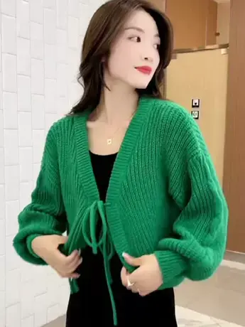 秋季新款慵懒风短款小众别致系带温柔风气质显瘦针织开衫上衣外套商品大图