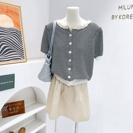 韩代同款2023夏季法式温柔小香风蕾丝花边领针织衫短袖上衣千鸟格图片