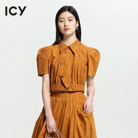 icy2023夏季新款女装复古姜黄色不对称松紧腰泡泡袖纯棉短衬衫商品大图