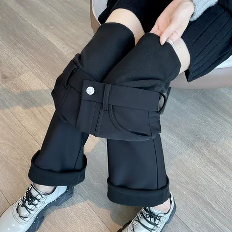 黑色微喇休闲裤女2023秋冬新款加绒加厚马蹄裤高腰修身显瘦喇叭裤图片