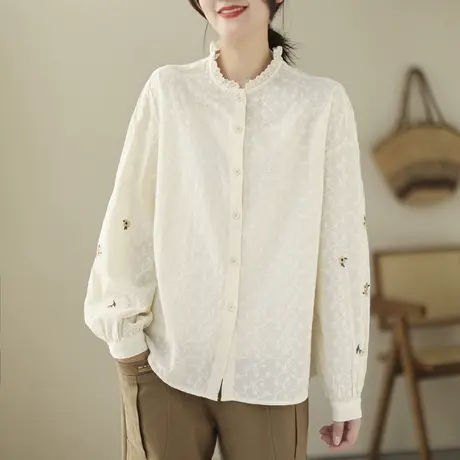 立领蕾丝边刺绣衬衫女长袖2024新款春秋季宽松文艺上衣内外搭衬衣商品大图