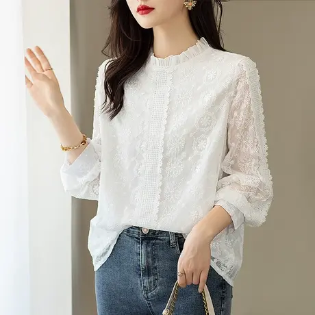 蕾丝雪纺衬衫女春秋季宽松加大码女装胖MM洋气遮肚显瘦上衣打底衫商品大图