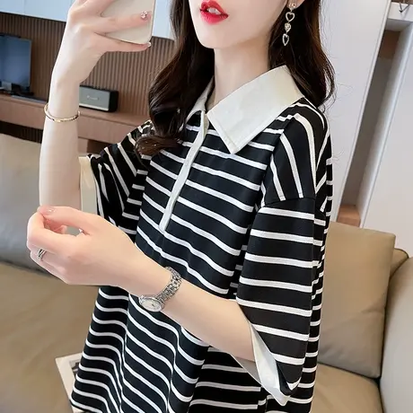 小众设计感小个子短袖t恤女夏季韩版宽松撞色条纹翻领polo衫上衣商品大图