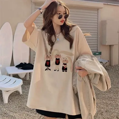 美式慵懒风小众t恤短袖女纯棉潮ins夏季闺蜜装大码设计感显瘦上衣商品大图