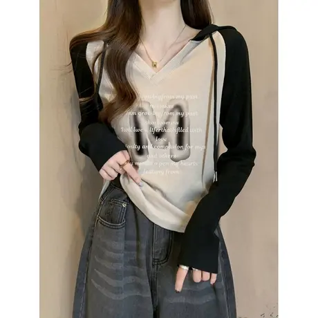 秋季插肩袖内搭打底衫女ins潮连帽V领长袖T恤正肩修身短款小上衣图片