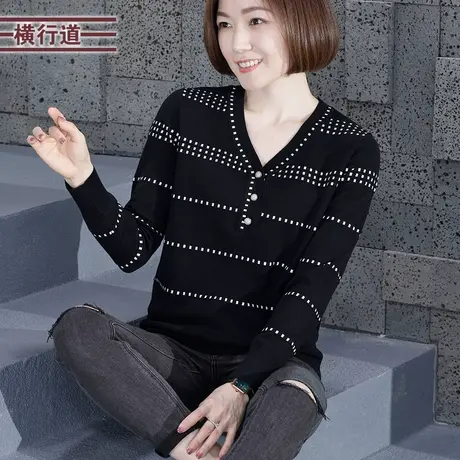 V领撞色宽松黑色针织衫打底衫2024春新款女装大码上衣长袖外穿图片