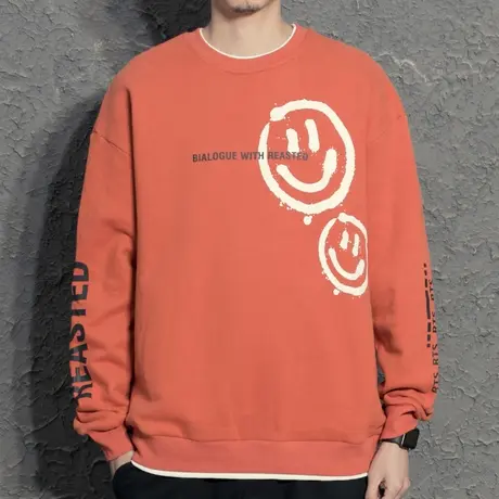 奕飏2022春秋季圆领假两件卫衣男士宽松潮流笑脸百搭外套休闲撞色商品大图