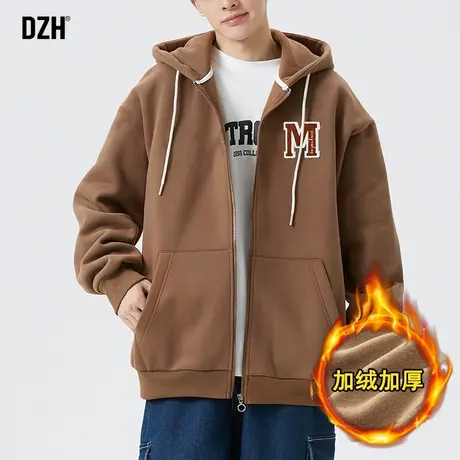 青少年卡其色卫衣外套男加绒加厚秋冬季2023新款开衫连帽卫衣男款商品大图