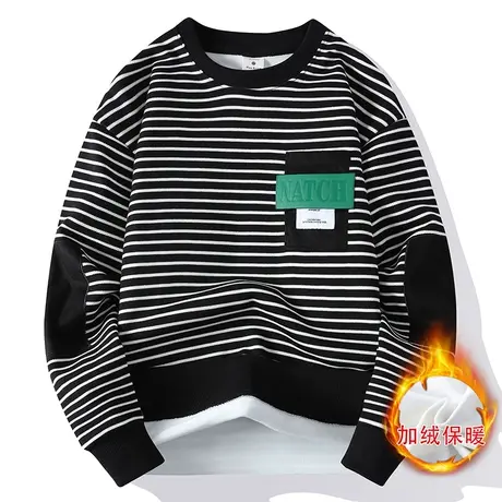 2022新款冬季条纹长袖男士加绒打底宽松秋冬季潮流保暖圆领卫衣男商品大图