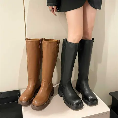 长筒靴女2023年春秋季新款复古英伦风法式显瘦时装靴子粗跟骑士靴商品大图