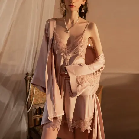 性感睡衣丝绸吊带睡裙女夏冰丝大码纯欲风蕾丝薄款短裙家居服套装图片