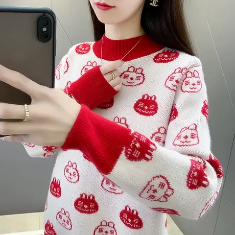 半高领加厚红色毛衣女秋冬打底衫2023年冬装新款洋气时尚加厚内搭商品大图