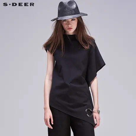 sdeer圣迪奥2019夏装圆环酷黑不对称一字领斜摆衬衫女S17280463图片